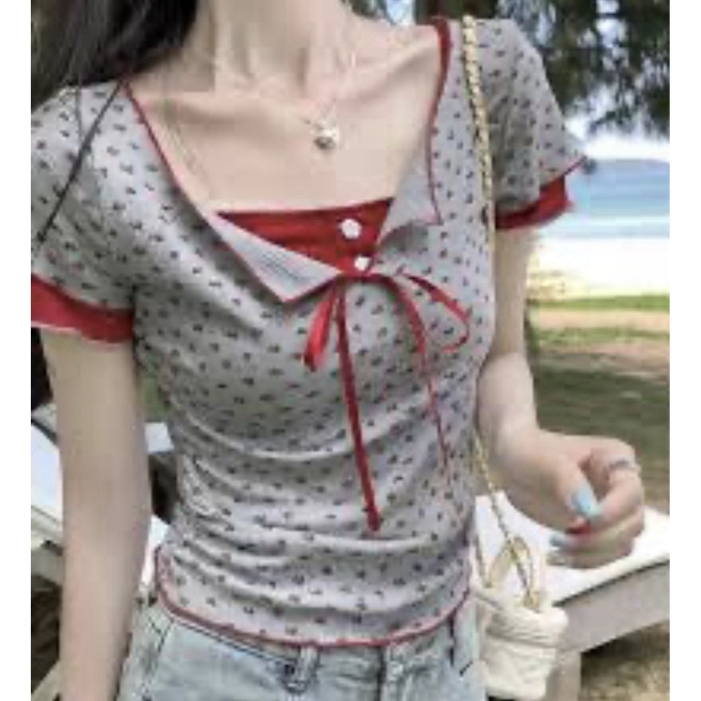 Women's Red Roses Baby Doll Layered Top Cropped Size L